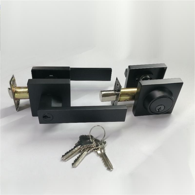 Fyrkantig ingångsspak med encylinderdödbultuppsättning, knappt kombination av dörrlåset, tungt ingångsdörrset, matt svart 1 -förpackning